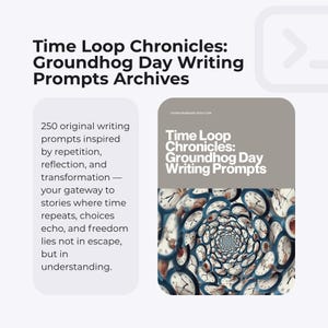 May include: A promotional image for "Time Loop Chronicles: Groundhog Day Writing Prompts Archives." The image features text and a book cover design with a spiral of clocks. The text describes 250 writing prompts inspired by repetition and transformation.