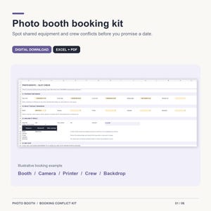 May include: A digital download photo booth booking kit in Excel and PDF formats. The document features a slot check interface with sections for proposed time windows, resource selection, and availability results to manage booth, camera, and crew.