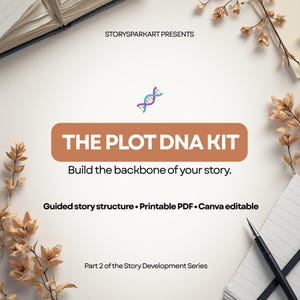 Könnte beinhalten: Werbebild für "The Plot DNA Kit" mit dem Text "Bauen Sie das Rückgrat Ihrer Geschichte." Das Bild enthält eine DNA-Strang-Grafik, ein Notizbuch, einen Stift und getrocknete Blumenelemente. Das Kit bietet eine geführte Story-Struktur, ein druckbares PDF und Canva-Bearbeitung.