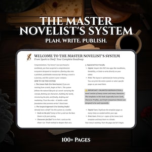 May include: A digital workbook titled "The Master Novelist's System" with the tagline "Plan. Write. Publish." The workbook's cover is white with black text and includes a coffee cup. The workbook is designed to help writers.