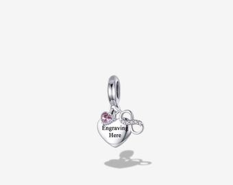 Custom Engraved Heart Charm for Bracelet, Sterling Silver Infinity Dangle Bead, Personalized Jewelry Gift, Pandora Compatible Charm for Her