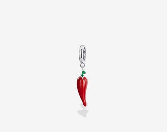 Spicy Red Chili Pepper Charm for Bracelet, Sterling Silver Enamel Dangle Bead, Pandora Compatible Bold Jewelry Gift for Women.