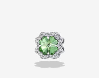 Lucky Clover Charm for Bracelet, Sparkling Green Four-Leaf Bead in Sterling Silver, Pandora Compatible Good Luck Gift for Women & Girls
