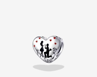 Proposal Charm for Bracelet, Sterling Silver Heart Bead with Red Enamel Hearts, Forever Yours Engagement Jewelry Gift, Pandora Compatible
