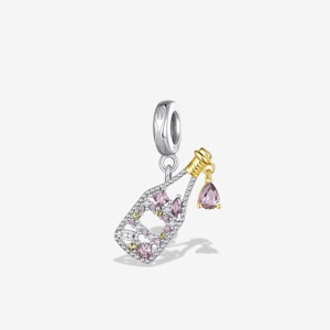 Dije de botella de celebración brillante, cuenta de vino de cristal rosa en plata 925, dije de champán de fiesta para pulsera Pandora, regalo para ella