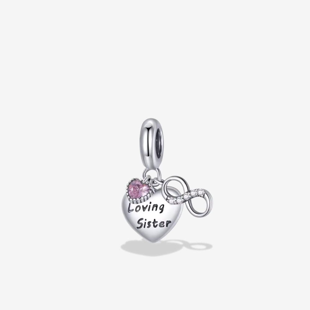 Loving Sister Infinity Charm for Bracelet, Sterling Silver Heart Dangle with Pink Crystal, Pandora Compatible Gift from Sister, Sentimental