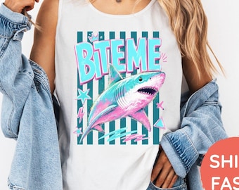 Bite Me Shark Comfort Colors Tank Top, Coastal Chaos Club Shirt, Pink Shark Shirt Beach Graphic Tee, Funny Summer Shark Shirt Women Retro