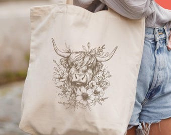 Highland Cow Tote Bag - Floral Cottagecore Highland Cow Gift - Country Girl Gift