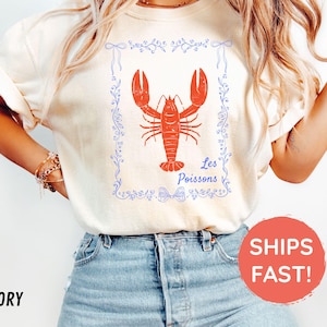 Komfortfarben Hummer-T-Shirt, französisches Küsten-T-Shirt, Distressed-Shirt, übergroße Kokettenästhetik, nautischer Stil