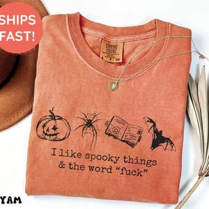 Spooky Saison Shirt, Komfort Farben Halloween T-Shirt, Ich mag gruselige Dinge und das Wort F * ck, Geschenk für Halloween, gruseliges Halloween T-Shirt