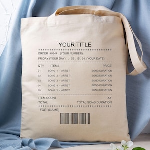 Custom Song Receipt Tote, Personalized Playlist Receipt Tote Bag, Customizable Song Playlist Tote Bag, Gift for Her, Love Song Tote Bag