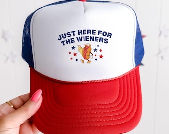 Gorra de camionero "Just Here For The Wieners", gorra de camionero vintage del 4 de julio, gorra divertida de perrito caliente, gorra humorística del 4 de julio, gorra de salchicha del Día de la Independencia.