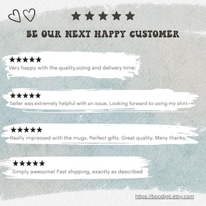 K&ouml;nnte beinhalten: Eine hellblaue und wei&szlig;e Grafik mit dem Text "BE OUR NEXT HAPPY CUSTOMER" und Kundenbewertungen. Die Bewertungen enthalten S&auml;tze wie "Sehr zufrieden mit der Qualit&auml;t" und "Einfach fantastisch!" Die Etsy-Shop-URL ist enthalten.