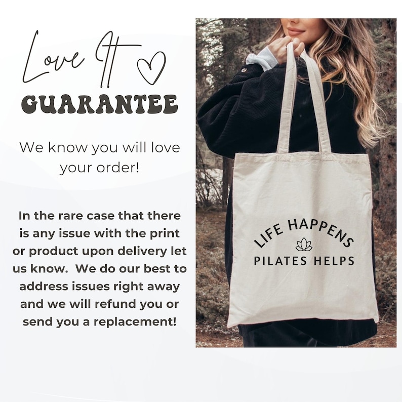 May include: A beige canvas tote bag featuring black text that reads LIFE HAPPENS PILATES HELPS with a small lotus flower icon centered between the two lines of text. The bag has two shoulder straps and is made of a light-colored fabric.
