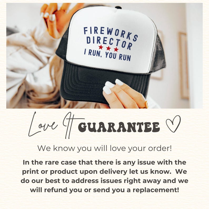 May include: A black and white trucker hat with the text "FIREWORKS DIRECTOR I RUN, YOU RUN" in navy blue. The hat has a white front panel and a black mesh back. Three red stars are between the words "DIRECTOR" and "I".