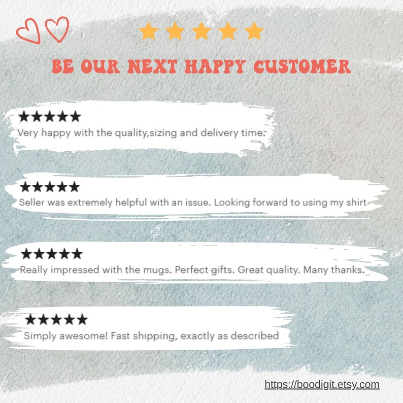 May include: A graphic with the text "BE OUR NEXT HAPPY CUSTOMER" and customer reviews. The reviews include phrases like "Very happy with the quality, sizing and delivery time" and "Simply awesome! Fast shipping, exactly as described."