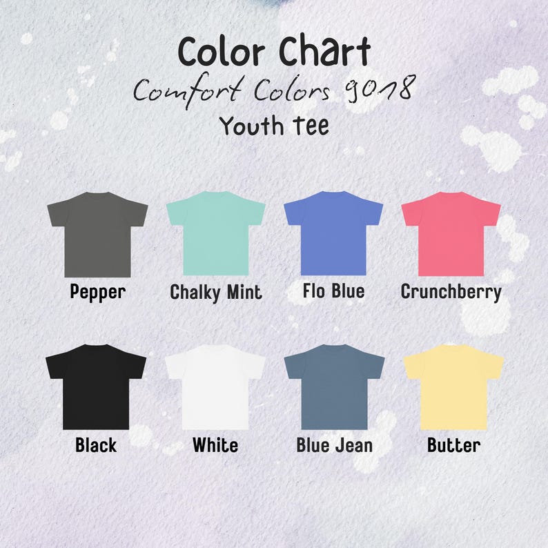 K&ouml;nnte beinhalten: Eine Comfort Colors 9018 Jugend-T-Shirt-Farbkarte mit acht T-Shirt-Silhouetten in den Farben Pepper, Chalky Mint, Flo Blue, Crunchberry, Black, White, Blue Jean und Butter sowie dem Text Color Chart Comfort Colors 9018 Youth tee.