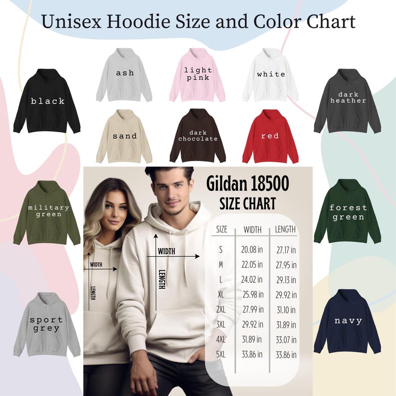 K&ouml;nnte beinhalten: Eine Farbkarte f&uuml;r Unisex-Hoodies mit Farben wie Schwarz, Aschgrau, Hellrosa und Rot. Die Karte enth&auml;lt eine Gr&ouml;&szlig;entabelle mit Ma&szlig;en in cm f&uuml;r Gildan 18500 Hoodies und ein Foto eines Mannes und einer Frau, die Hoodies tragen.