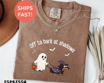 Dachshund Halloween Shirt, Dachshund Ghost Shirt, Off to Bark At Shadows, Happy Halloweenie, Comfort Colors TShirt