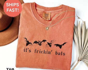 Comfortkleuren It's Frickin Bats-shirt, Spooky Halloween-T-shirt, Spooky Season ronde hals, grappig Halloween-T-shirt, enge vleermuis Halloween-T-shirt