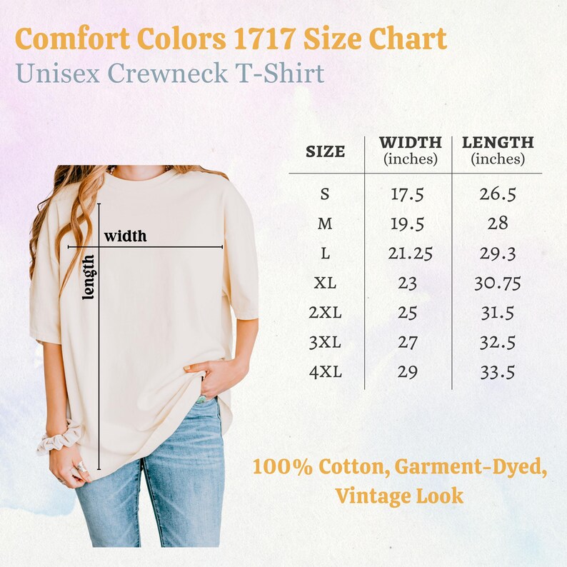 May include: A cream-colored unisex crewneck t-shirt with a size chart. The chart lists sizes S to 4XL, with corresponding width and length measurements in inches. The text reads "100% Cotton, Garment-Dyed, Vintage Look."
