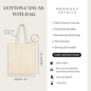 May include: A beige cotton canvas tote bag with 20-inch carrying handles, measuring 15 inches in width and 16 inches in height. Features include reinforced stitching, flat corners, and care instructions for spot cleaning and line drying.