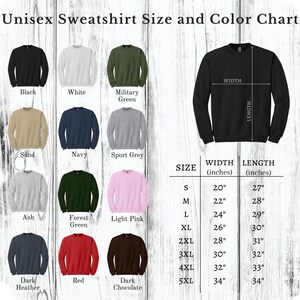 K&ouml;nnte beinhalten: Eine Gr&ouml;&szlig;entabelle und Farbkarte f&uuml;r Unisex-Sweatshirts, mit Farben wie Schwarz, Wei&szlig; und Milit&auml;rgr&uuml;n. Die Tabelle enth&auml;lt eine Gr&ouml;&szlig;entabelle mit Ma&szlig;en in cm, von S bis 5XL.