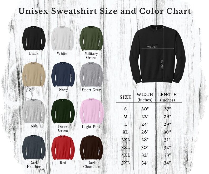 K&ouml;nnte beinhalten: Eine Gr&ouml;&szlig;entabelle und Farbkarte f&uuml;r Unisex-Sweatshirts, mit Farben wie Schwarz, Wei&szlig; und Milit&auml;rgr&uuml;n. Die Tabelle enth&auml;lt eine Gr&ouml;&szlig;entabelle mit Ma&szlig;en in cm, von S bis 5XL.