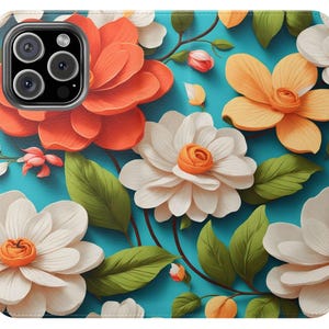Capa de couro com flip floral 3D para iPhone Samsung, capa de telefone carteira com porta-cartão e dinheiro, capa protetora estilosa de couro sintético para telefone, iPhone 16