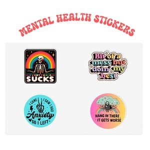 Stickervel grappige geestelijke gezondheid, motiverende stickers, angstverlichting, cadeaus voor sarcastische vrienden, alles is klote, het wordt erger