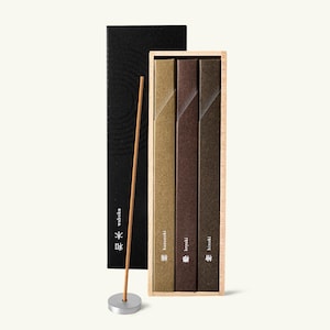 May include: A set of three incense boxes in a light wood tray, labeled kusunoki, keyaki, and hinoki, alongside a black box marked waboku. A single thin incense stick stands upright in a small, round, silver-colored metal holder in the foreground.