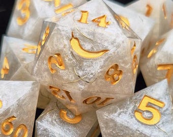 White Dreams -handmade sharp-edged 9 piece diceset for ttrpgs, dungeons and dragons, pathfinder