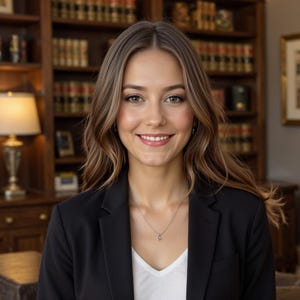 Könnte beinhalten: Eine Frau mit langen braunen Haaren trägt einen schwarzen Blazer über einem weißen V-Ausschnitt-Shirt. Sie lächelt und schaut in die Kamera. Sie trägt eine silberne Halskette mit einem kleinen Anhänger.