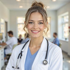 Könnte beinhalten: Eine Frau trägt einen weißen Kittel mit einem Stethoskop um den Hals. Sie lächelt und schaut in die Kamera. Sie befindet sich in einem Krankenhaus.