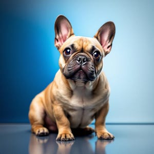Può includere: Un bulldog francese color crema con occhi neri e naso nero è seduto su una superficie blu. Il cane sta guardando direttamente la telecamera.