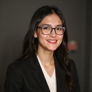 May include: A woman with long dark hair wearing black framed glasses and a black blazer over a white shirt. She is smiling at the camera.