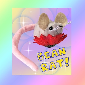 May include: A plush grey mouse toy with large tan ears, white whiskers, and a long pink tail, resting inside a bright red flower. The text BEAN RAT! is printed in yellow with a blue outline below the mouse on a pastel rainbow background.