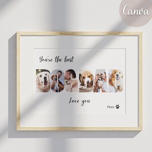Puede incluir: Una impresi&oacute;n enmarcada con un collage de fotos que deletrea "Dogdad" usando fotos de perros y personas. El texto "You're the best Dogdad Love you Pluto" est&aacute; impreso debajo del collage.