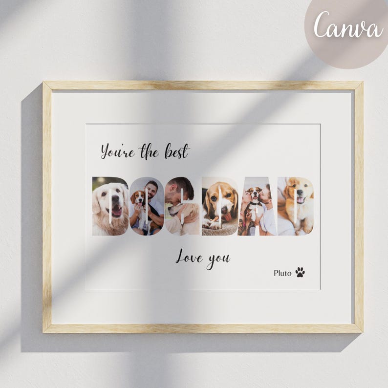 Puede incluir: Una impresi&oacute;n enmarcada con un collage de fotos que deletrea "Dogdad" usando fotos de perros y personas. El texto "You're the best Dogdad Love you Pluto" est&aacute; impreso debajo del collage.