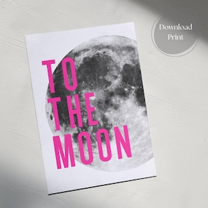 Cartão "To the Moon" Preto e Branco e Rosa Neon, Imitação de Serigrafia, PDF para impressão