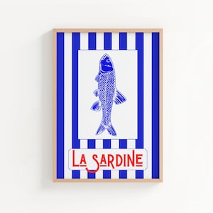 Lámina náutica de pared "La Sardina" imprimible - Póster de rayas retro vintage, ambiente costero de verano, póster de playa