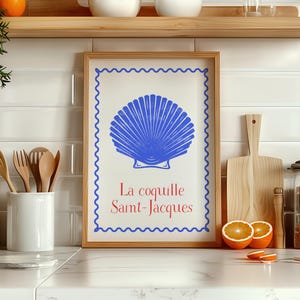 Lámina náutica de concha de vieira - Decoración costera azul y roja para pared, póster playero imprimible