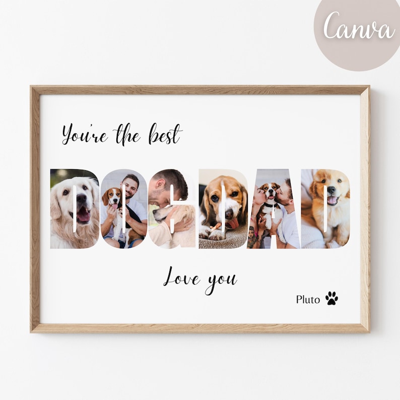 Puede incluir: Una impresi&oacute;n enmarcada en blanco con el texto "You're the best DOGDAD Love you Pluto" con una huella de pata. La palabra DOGDAD est&aacute; compuesta por fotos de perros y personas.