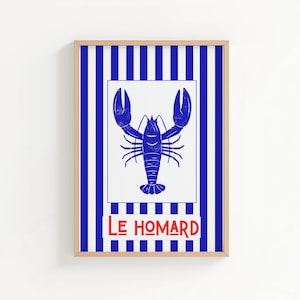 Lámina náutica para pared "Langosta imprimible": póster de rayas retro vintage, ambiente costero veraniego, póster playero