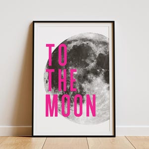 Poster "Till månen" Svartvit och fluorescerande rosa / Imitationscreentryck / Utskrivbar PDF, A4 och A3