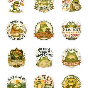 May include: A collection of twelve circular stickers featuring green frogs in various humorous scenarios with text including 'Off to start a small kerfuffle', 'Hold on, I'm overstimulated', 'I have important weird stuff to say', 'Born to dilly dally', 'Authorized nonsense', 'Please don't put me in the soup', 'Magic, mayhem and a little snack', 'No idea what's happening', 'Resting frog face', 'Operating on pond energy', 'Rootin' tootin' and slightly confused', and 'Survived another weird day'.
