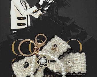 Luxury Tweed Bow Keychain – Pearl Charm & Camellia Detail | Parisian-Inspired Bag or planner  Charm