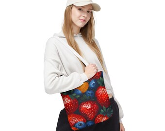 Sac fourre-tout fruits, Sac à provisions pour marché fermier, Cabas d'épicerie, Cabas de plage, Sac réutilisable fruits d'été, Motif vif fraise myrtille citron