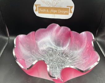 Handmade Pink Resin Bowl | Silver Accents, Home Decor Centerpiece