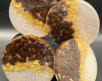 Handmade Coffee Bean Resin Coasters • Gold Flake Shimmer, Set of 4